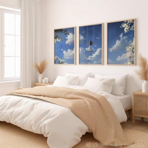 Set Of 3 Girl On A Swing In The Clouds Wall Art Set, Blue Sky Clouds Bedroom Set of Three Paintings, Girl Swinging In The Sky Artwork Bundle