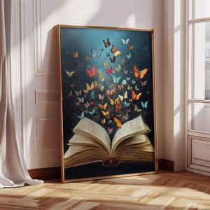 Pintura en lienzo de libro abierto con mariposas, póster de cuento de fantasía, obra de arte de lectura mágica, impresión de arte mural de libros, decoración literaria caprichosa