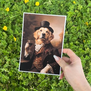 Divertente opera d'arte murale raffigurante un Golden Retriever, dipinto di un Golden Retriever maschio, disegno alternativo surreale di un Golden Retriever, arredamento per bar e lounge.