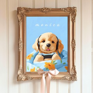 パーソナライズされたビデオゲームで遊ぶ子犬のウォールアート絵画、面白いゴールデンラブラドールレトリバー犬、ゲーマーのボーイフレンドの夫へのギフト