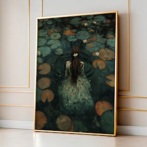 Impressão de ninfa aquática Lily Pond, menina em vestido branco cercada por flores de lótus e nenúfares, arte verde boho escura feminina cottagecore