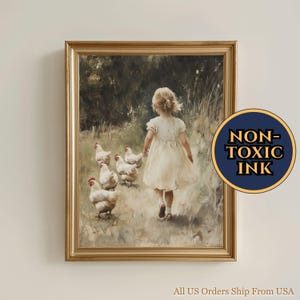 Little Girl With Chickens Wall Art Vintage Country Nursery Decor Chicken And Girl And Chicken With Girl Bedroom Kid Room Countryside Artwork