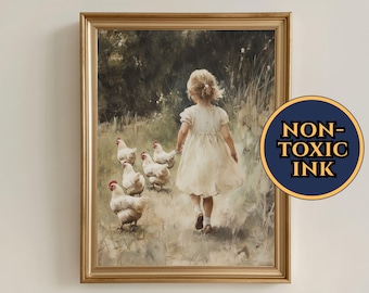 Little Girl With Chickens Wall Art Vintage Country Nursery Decor Chicken And Girl And Chicken With Girl Bedroom Kid Room Countryside Artwork
