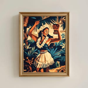 Dancing Island Girl Wall Art Hawaii Theme House Decor Warm Summer Tones Beautiful Lady Wearing Lei Necklace Hula Dancing Watercolor Painting