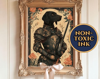 Black Labrador Knight Wall Art Vintage Medieval Warrior Black Lab Dog Print, Floral Dark Cottagecore Black Labrador Retriever Gift