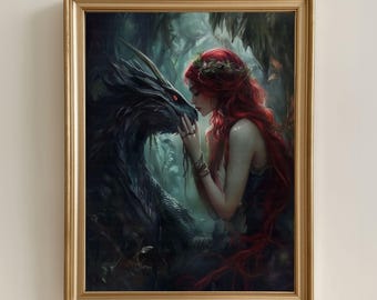 Girl and Dragon Wall Art Lady With Dragon and Woman and Dragon and Girl Bright Red Hair Goddess Canvas Mythical Forest Creature Artwork