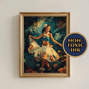 Hula Girl Canvas Print Tropical Wall Art Hawaiian Dance Decor Framed Island Poster Gift Vintage Aesthetic Floral Skirt Painting For Home