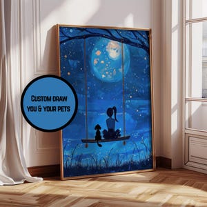 Ragazza e cane sull'altalena sotto la luna piena, dipinto - Stampa artistica da parete con cielo stellato sognante e stravagante, regalo personalizzato per la perdita del cane