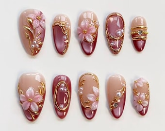 3D Pink Blooming Flower Nägel/gepresste Nägel, lange Mandel Nägel/Elegante Nägel/Glitzer Pink Katzenaugen Nägel/3D Gold Chrom Nägel/Geburtstag Nägel