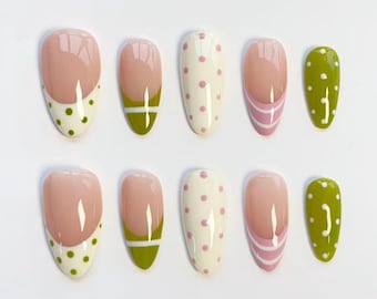 Green Pink polka dot nails/press on nails long almond nails/Summer nails/Green striped nails/Holiday nails/Birthday Nails/Custom nails