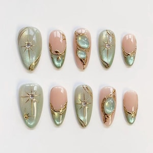 Glitter Green Cat Eye Nails/Press on nails long almond nails/Elegant nails/Star Nails/3D Gold chrome nails/Birthday nails/Custom nails