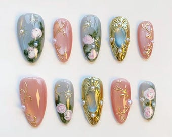 Ongles princesse d'été/ongles pressés, ongles longs en amande/ongles roses peinture à l'huile/ongles en gel bleu 3D/clous de jardin/clous chromés dorés/ongles personnalisés