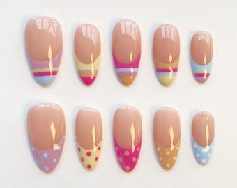 Summer striped nails/press on nails long almond nails/Holiday Nails/Colorful polka dot nails/Cute French nails/Daily nails/Custom nails