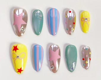 Uñas de verano Y2K/Uñas de ojo de gato verde/Uñas de estrella/Uñas de lunares/Uñas cromadas plateadas/Uñas a presión, uñas almendradas largas/Uñas rosas arcoíris