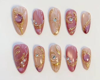Unghie occhi di gatto glitterate/Unghie finte rosa lunghe a mandorla/Unghie eleganti/Unghie cromate oro 3D/Unghie rosa/Unghie a stella scintillanti/Unghie personalizzate
