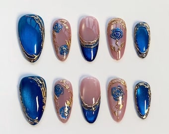 Blaue Rose Katzenauge Nägel / Glänzende Presse auf Nägel, lange Mandel Nägel / Elegante Nägel / 3D Gold Chrom Nägel / Geburtstagsnägel / Feiertagsnägel