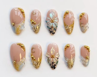 Ongles fleur de printemps/Presse verte sur les ongles Ongles longs en amande/Ongles élégants/Ongles en chrome doré/Ongles en gel/Ongles Étoile de lune/Ongles d'anniversaire