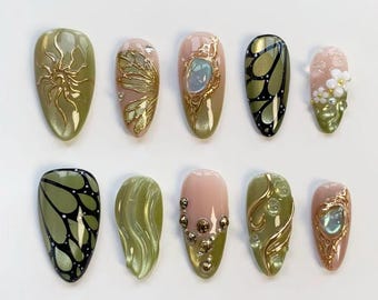 Sommer Grün Katzenauge Nägel/press on Nägel lange Mandel Nägel/Blumen Nagel/3D Gel Nägel/Schmetterling Nägel/Geburtstag Nägel/Custom Nägel Gold Chrome