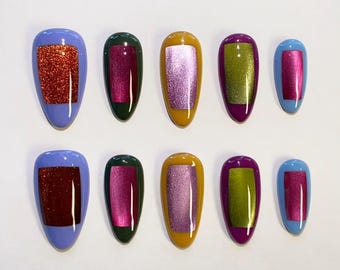 Colorful Cat Eye Nails/Purple Press On Nails long Almond Nails/Retro Block Nails/Autumn Nails/Fall Nails/Custom Nails/Bling Nails Yellow