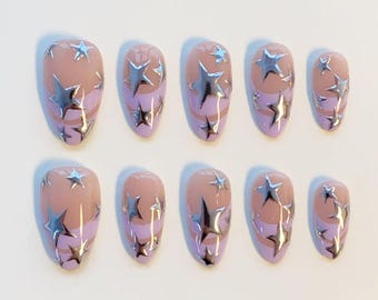 Zilveren chroom sternagels/Lavendelpaarse French tip plaknagels/Lange amandelvormige nagels/Y2K nagels/Lila nagels/Herfstnagels/Nageau op maat