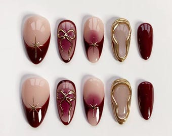 Burgundy Nails/Mulberry press on nails long almonds nails/Elegant nails/3D Gold chrome nails/Star Nails/Daily nails/Custom nails/Bow Nails