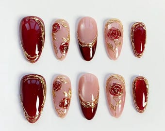 Burgunderrote Nägel/glänzende Press-on-Nägel lange Mandelnägel/Dunkelrote Katzenaugen-Nägel/Rote Rosen-Nägel/3D-Gold-Chrom-Nägel/Bling-Nägel/Benutzerdefinierte Nägel