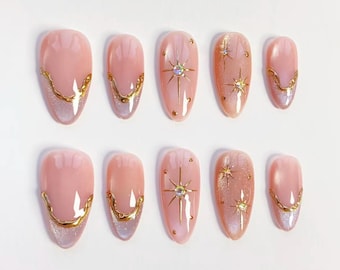 Pink Cat Eye Elegant nails/Bling Star Nails Pink Press on nails Long almond nails/3d Gold Chrome Nails/Silver Glitter Nails/Custom Nails