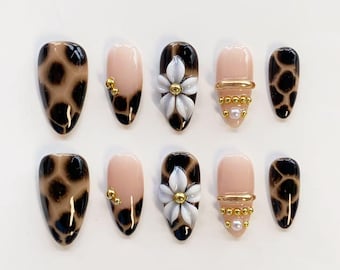 Tortoise Shell Press On Nails/Long Almond Nails/3D Flower Leopard Nails/Gold Pearl Chain Nails/Retro Luxury Nails/Fall Nails/Custom Nails