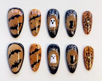 Unhas Postiças Longas Amêndoa com Glitter Preto e Dourado em Formato de Morcego/Unhas Postiças Longas Amêndoa/Unhas com Strass em Formato de Teia de Aranha, Gato Fantasma/Unhas de Outono/Unhas de Halloween/Unhas Personalizadas