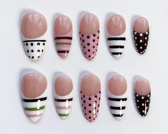 Pink Polka dot nails/Cute Press on nails long almond nails/White Green Nails/French Tips nails/Custom nails/birthday holiday nails