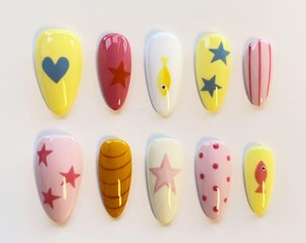 Heart Star Fish Nails/Press On Nails Long Almond Nails/Y2K Cartoon Nails/Colorful Mismatched Nails/Kawaii Fun Nails/Party Nails/Custom Nails