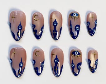 Uñas góticas azules con ojo de demonio/Uñas azules con ojo turco/Uñas rosas con ojo de gato/Uñas de luna/Uñas de estrella/Uñas góticas/Uñas cromadas doradas brillantes