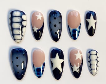 Blaue Polka dot Nägel/Croc Nägel/Stern Nägel/Blaue Presse auf Nägel Lange Mandel/Aura Nägel/Süße Kawaii Nägel/Y2k Geburtstagsnägel