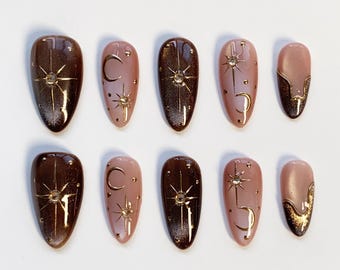Fall Cat Eye Amber Press on nails long almond nails/Glitter Nails/Sparkle Nails/Brown Nails/Star Nails/3D Gold Chrome nail/Fall Nails Moon