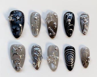 Y2K Nägel/Stern Nägel/Silber Katzenaugen Nägel/Schwarz Press on Nägel lange Mandel Nägel/Sparkle Nägel/Schwarze Nägel/Star Nägel/3D Silber Chrom Nagel