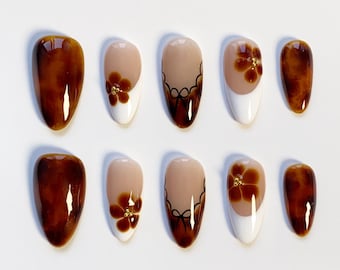 Fall Nails/Fall Press on nails long almond nails/Tortoise shell nails/Leopard Nails/Lace Nails/Cute Nails/Brown Nails/Amber Nails French tip