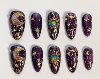 Gothic Lila Drücken Sie auf die Nägel lange Mandel Nägel/Glitter Star Nägel/Katzenauge Nägel/Aura Nägel/Mond Nägel/Gothic Nägel/Lila Nägel/Sonnen Nägel