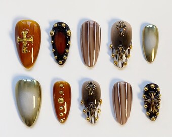 Herbst Nägel/Herbst Presse auf Nägel lange Mandel Nägel/Bernstein Nägel/Gothic Nägel/Gold Chrom Nägel/Goth Nägel/Braune Nägel/Kreuz Geburtstag Nägel