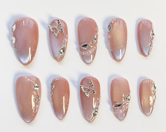 Drücken Sie auf die Nägel lange Mandel Nägel/Rosa Nägel/Rosa Katzenaugen Nägel/Schmetterling Nägel/Bling Nägel/Feennägel/Hochzeitsnägel Glitzer