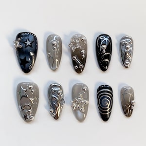 Y2K Nägel/Stern Nägel/Silber Katzenaugen Nägel/Schwarz Press on Nägel lange Mandel Nägel/Sparkle Nägel/Schwarze Nägel/Star Nägel/3D Silber Chrom Nagel