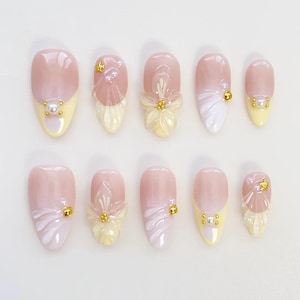 Summer Yellow Press On Nails Short Almond Nails/3D Flower Nails/Spring Nails/Elegant Fairycorn Nails/Vacation Holiday Nails/Yellow Nails