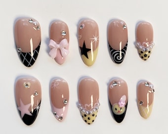 Kawaii nails/Y2K Nails/Yellow Polka Dots nails/Pink Press On Nails Long Almond Nails/Pink Nails/Fall Nails/Cute Nails/Bow Nails/Star Nails