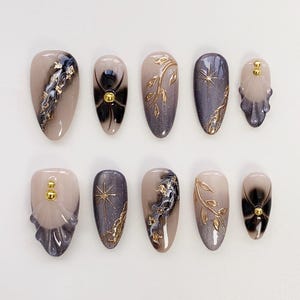 Aura Cat Eye Nails Black Press On Nails Short Almond Nails/Star Nails/Aura Nails/Floral Nails/Bling Nails/Summer Nails/Holiday Birthday Nail