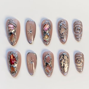 Rosa Nägel/Gothic Nägel/Stern Nägel/Fritillaria Nägel/Rosa Katzenaugen Nägel/Swirl Nägel/Drücken Sie die Nägel kurz auf Mandel Nägel/3D Silber Chrom Nägel