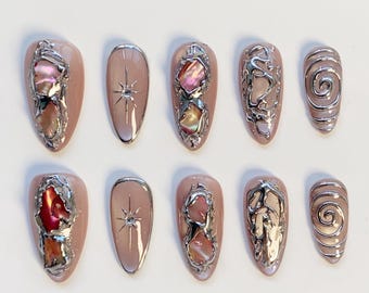 Uñas rosas/Uñas góticas/Uñas de estrellas/Uñas fritilarias/Uñas rosa ojo de gato/Uñas con espiral/Uñas postizas cortas almendradas/Uñas 3D plateadas cromadas