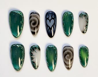 Uñas postizas Green Aurora Cat Eye, juego de uñas góticas almendradas