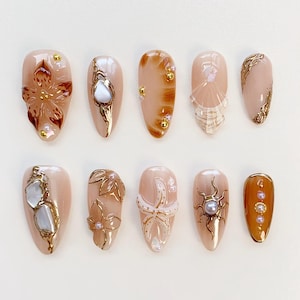 Amber Starfish Nails/Brown Press on nails long almond nails/3D Shell Nails/3D Gold Chrome Nails/Fritillaria Nails/Holiday Beach Nails