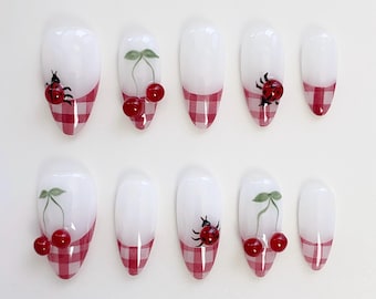 Cherry Ladybug Press On Nails, Pink Plaid French Tip
