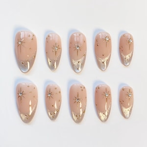 グリッターフレンチキャットアイネイル/プレスオンネイルロングアーモンドネイル/シルバークロームネイル/スターネイル/シルバーネイル/エレガントネイル/バースデーネイル