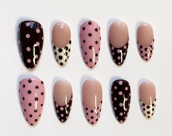 Cute Polka Dot Nails/Pink Nails/Brown Press on nails long almond nails/Kawaii Nails/Fall Nails/Birthday Nails/French Cute Nails Custom Nails
